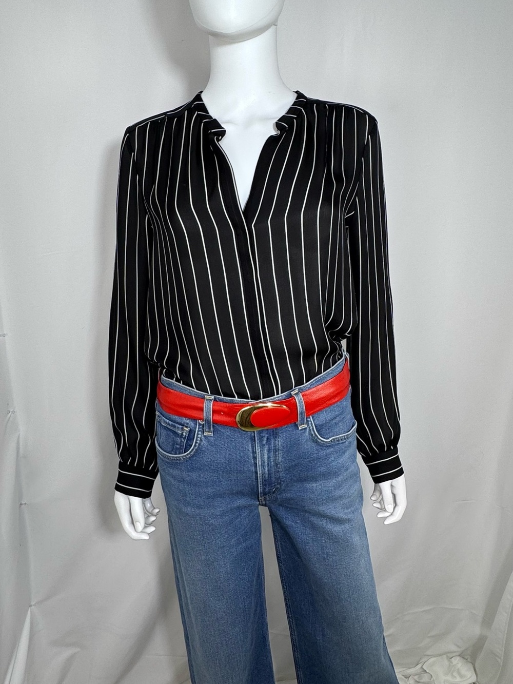 L'AGENCE Nina Striped Silk Blouse Black White Split V-Neck Blouse S